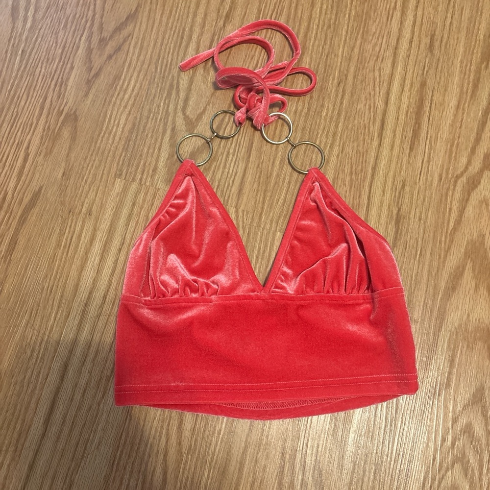 Red Velvet Halter Top with Gold Rings
